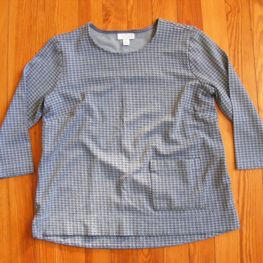 J Jill SP Ponte Top Ponte 3/4 sleeves Shirt Small Petite Checked Brown Blue